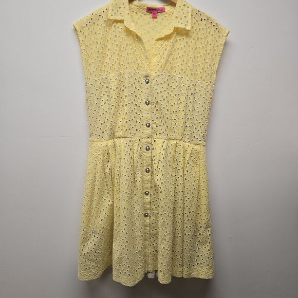 Vintage Betsey Johnson Dress Yellow Eyelet Embroidered Collared A-Line Size 8 - Picture 2 of 15